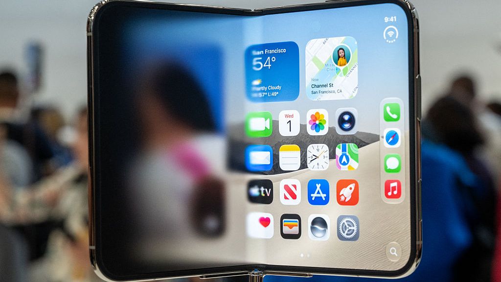 The new foldable iPhone Duo is displayed during an Apple event at the Steve Jobs Theater in Apple Park in Cupertino, California, on September 9, 2026.