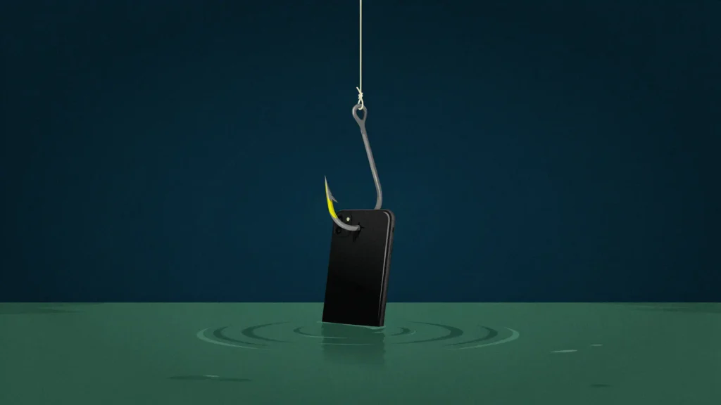 A black smartphone hooked as bait on a large fishing hook, its bottom edge rippling dark green water.