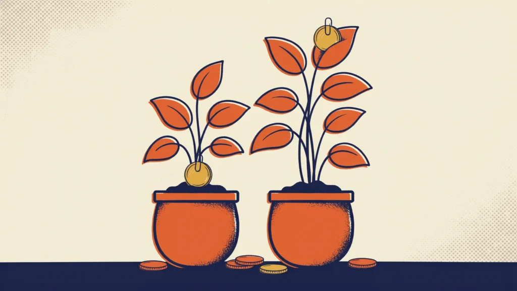 Two coin-leaf plants in terracotta pots lose a coin at opposite ends, one at the roots and one at the crown.