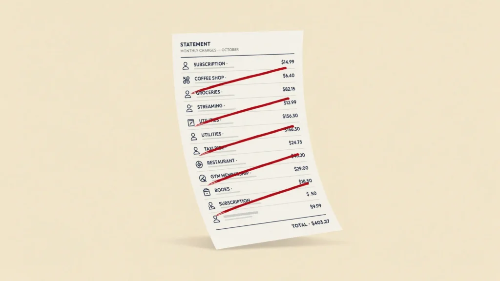 A printed subscription statement with a thick crimson line striking through five recurring charges to cancel them.