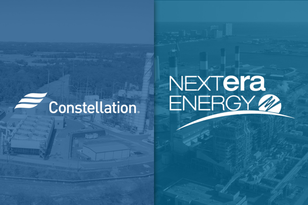 Constellation Energy and NextEra Energy's logos on blue backdrops.