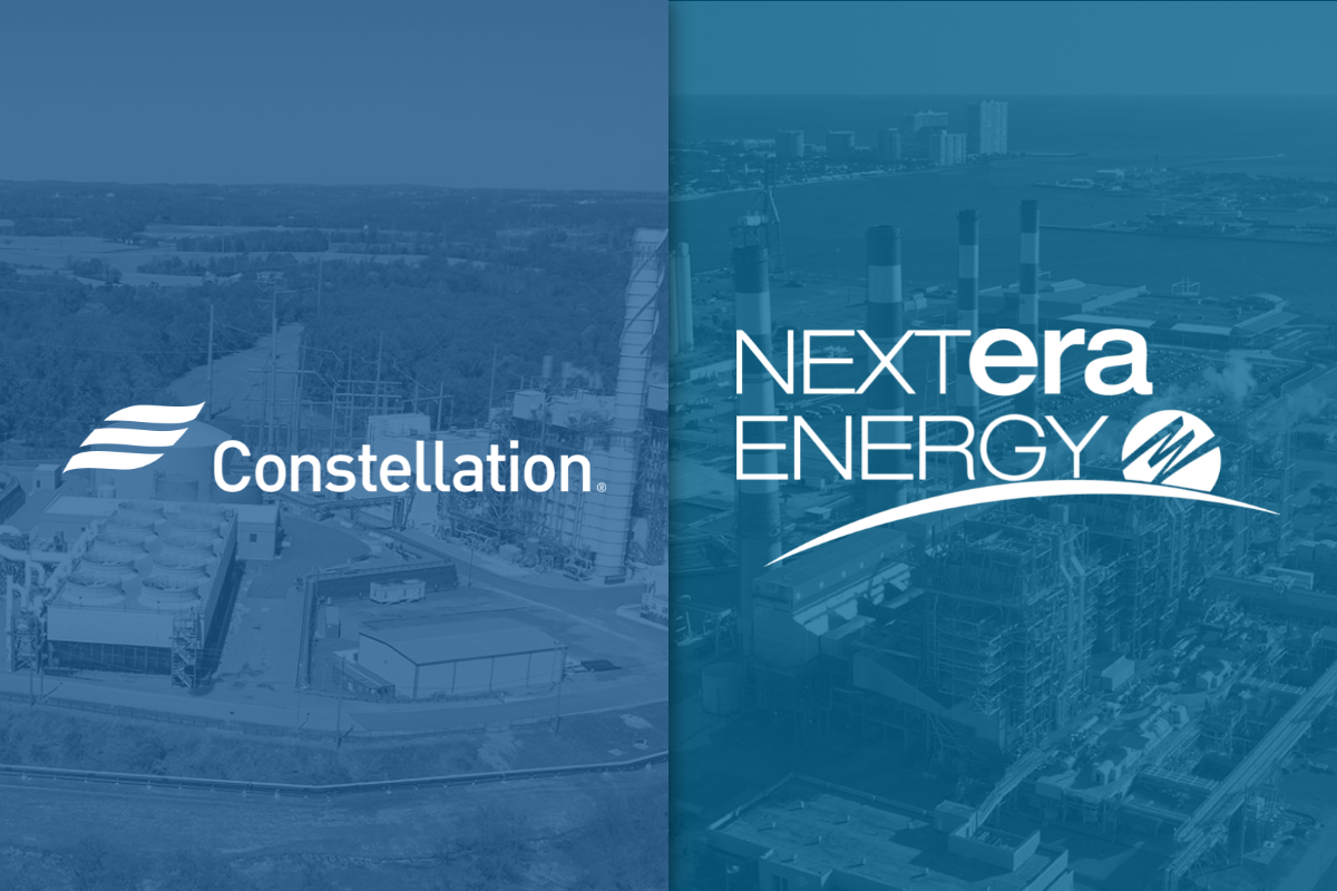 Constellation Energy and NextEra Energy's logos on blue backdrops.