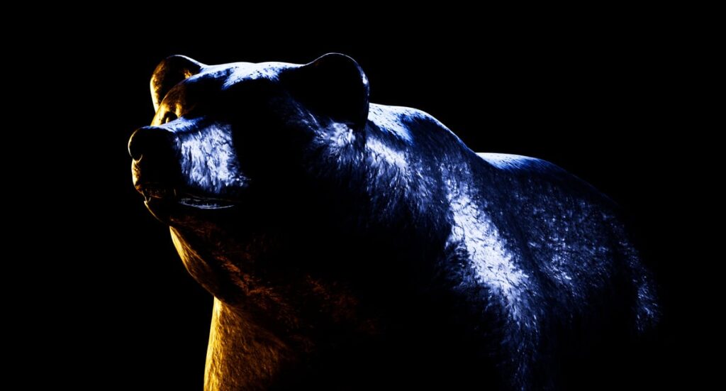 A large grizzly bear looms menacingly in the darkness.