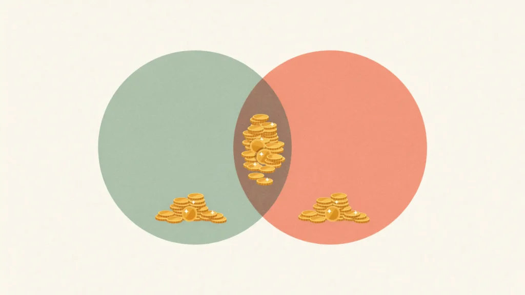 Two overlapping green and coral circles, gold coins pooled in the shared overlap and smaller coin clusters in each crescent.
