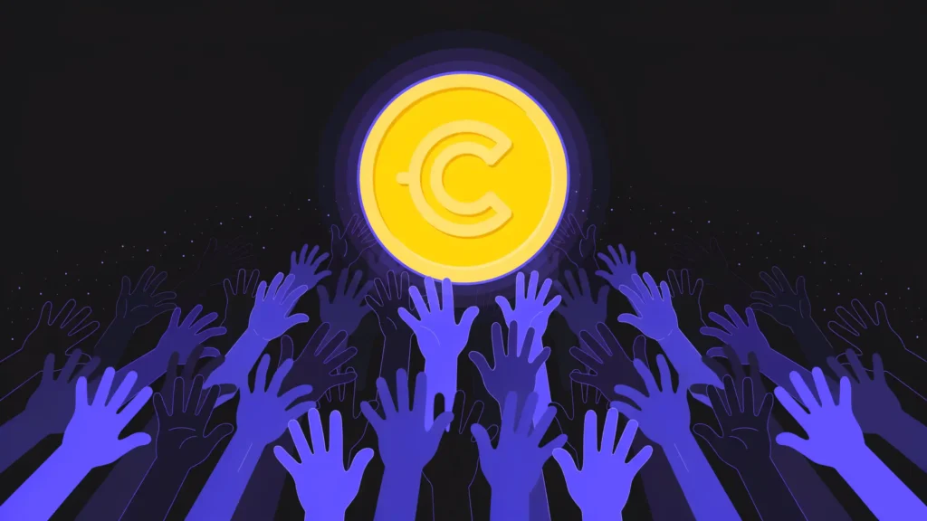 A glowing crypto coin held up by a crowd of small reaching hands above an empty dark void.