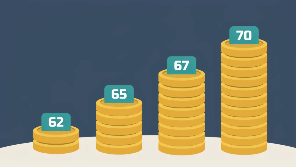 Gold coin columns rising in height from age 62 to 70, illustrating how waiting grows a Social Security check.
