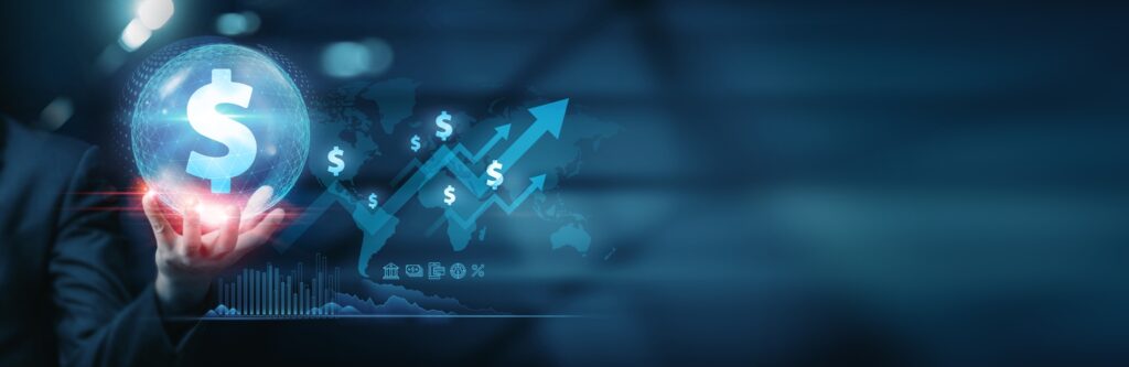 Finance professional pointing icon with specialized financial services, Strategies for financial development in the global market on global network.