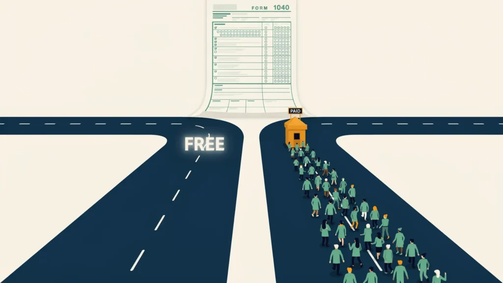 A tax form unfurls into a forked road, its free-filing lane empty as a crowd streams toward a paid booth.