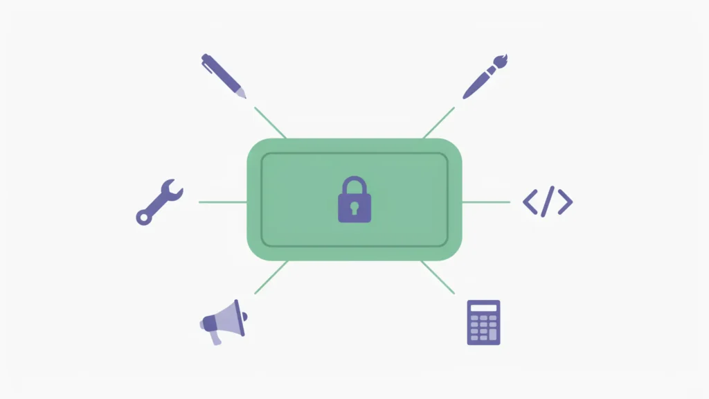 A rounded hub radiates thin lines to icons of a pen, brush, code, calculator, megaphone and wrench around a padlock.