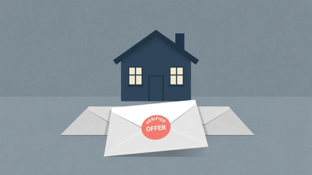 A mortgage pre-approval envelope with a coral seal rises above two plain offer envelopes on a table before a small house.