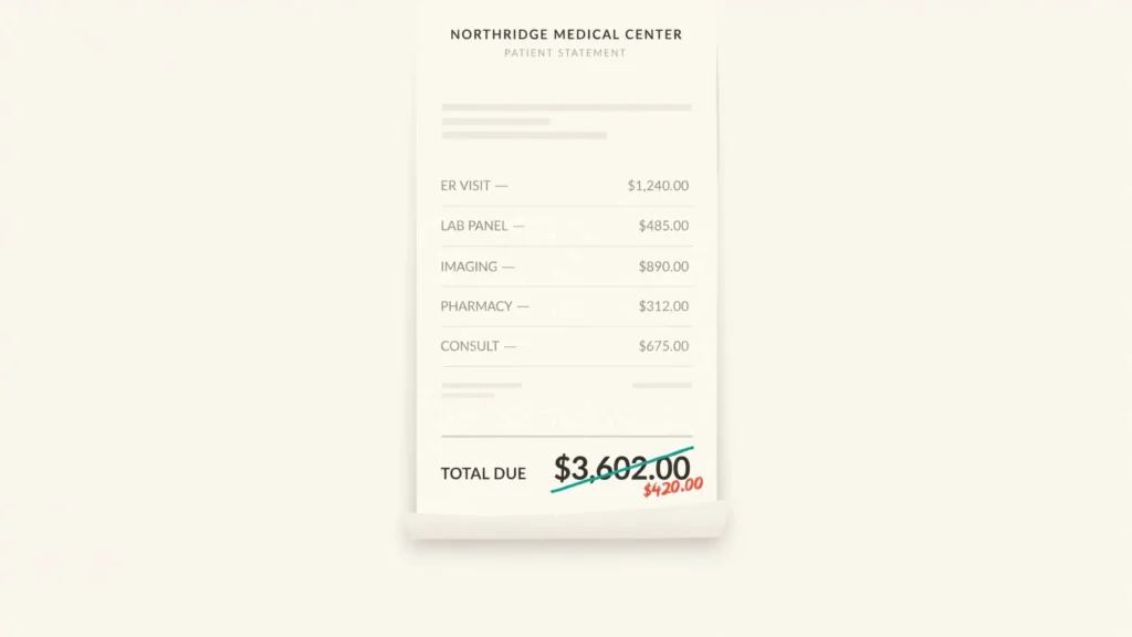 An itemized medical bill with its large total crossed out in teal and a smaller amount written beside it in coral.
