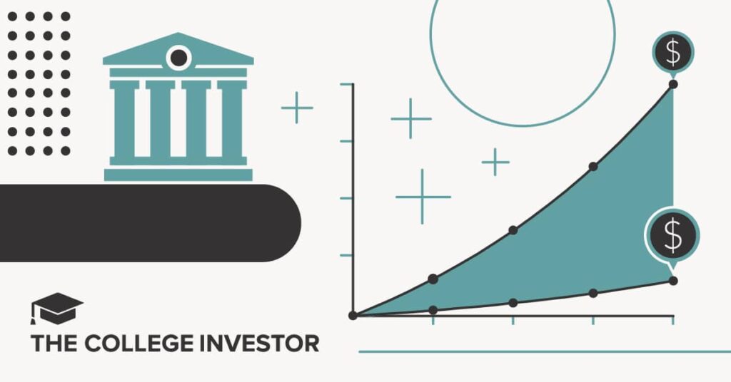 Vector illustration featuring a teal bank icon on the left and a rising area chart on the right, symbolizing the investment growth of a 529 college savings plan over time. The graph trends steadily upward with dollar sign markers at key intervals, visualizing the compound interest and savings benchmarks parents aim to hit. This graphic supports a guide on determining the monthly contribution amounts needed to cover future in-state or private college tuition costs by a child's age. Source: The College Investor