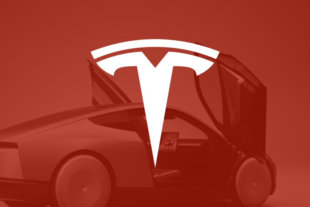 Tesla logo on red filter with Cybercab in background.