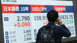 A man walks past an electronic quotation board displaying 10-year Japanese government bonds (L), an index of long-term interest rates on the Tokyo bond market, and the foreign exchange rate of the Japanese yen against the US dollar (C) along a street in Tokyo on May 18, 2026. 