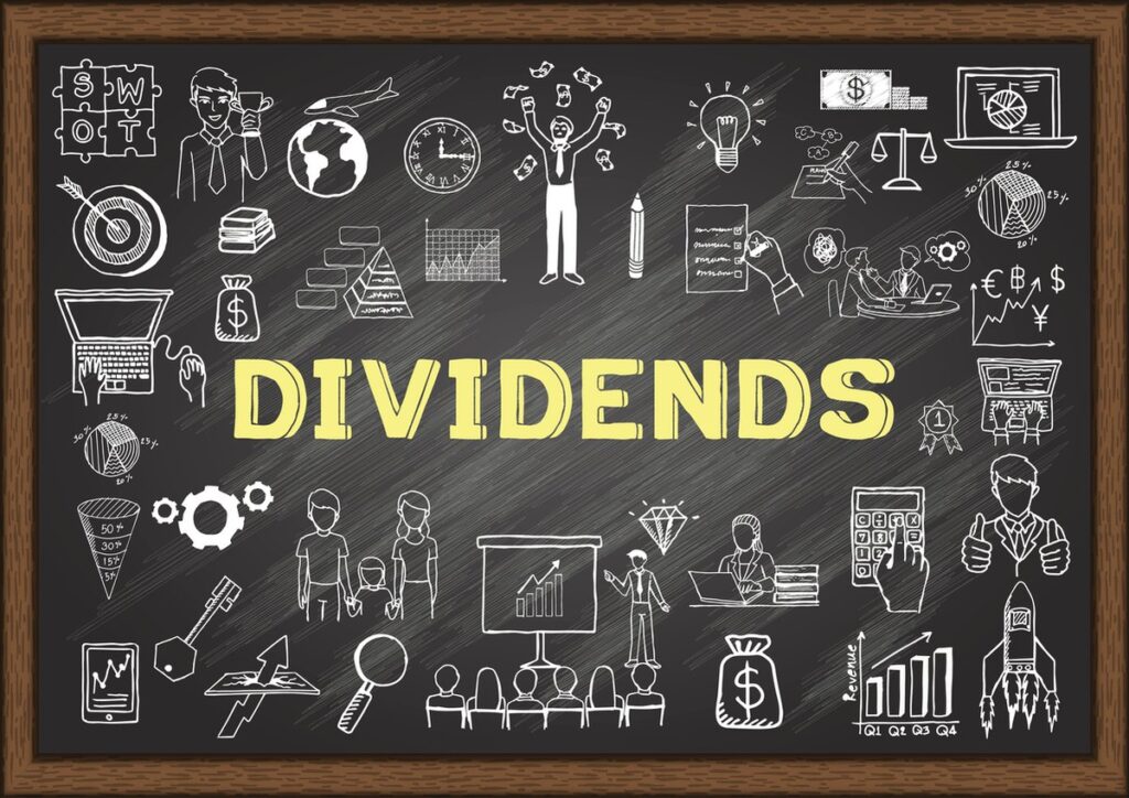 A blackboard with chalk drawings and the word Dividends written in yellow.