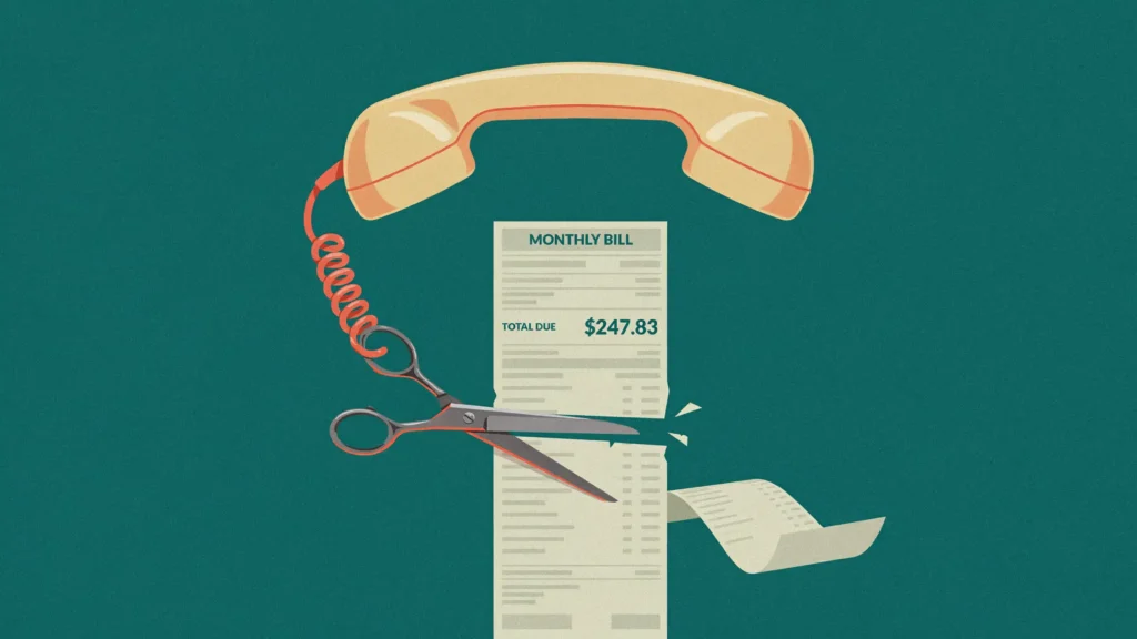 A cream telephone handset whose coiled cord forms blades slicing a long phone bill, the cut strip drifting away.
