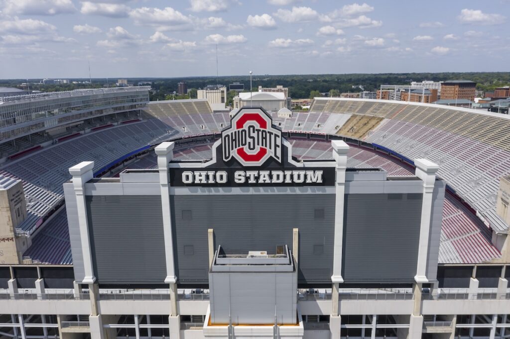 Columbus, Ohio, USA: Aerial view of Ohio Stadium, also known as the Horseshoe, the Shoe, and the House That Harley Built, is an American football stadium in Columbus, Ohio, on the campus of The Ohio State University.
