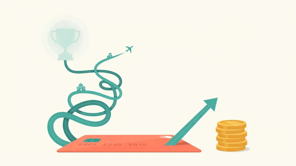 A credit card branches into a winding road toward a distant trophy and a straight road to a stack of cash-back coins.