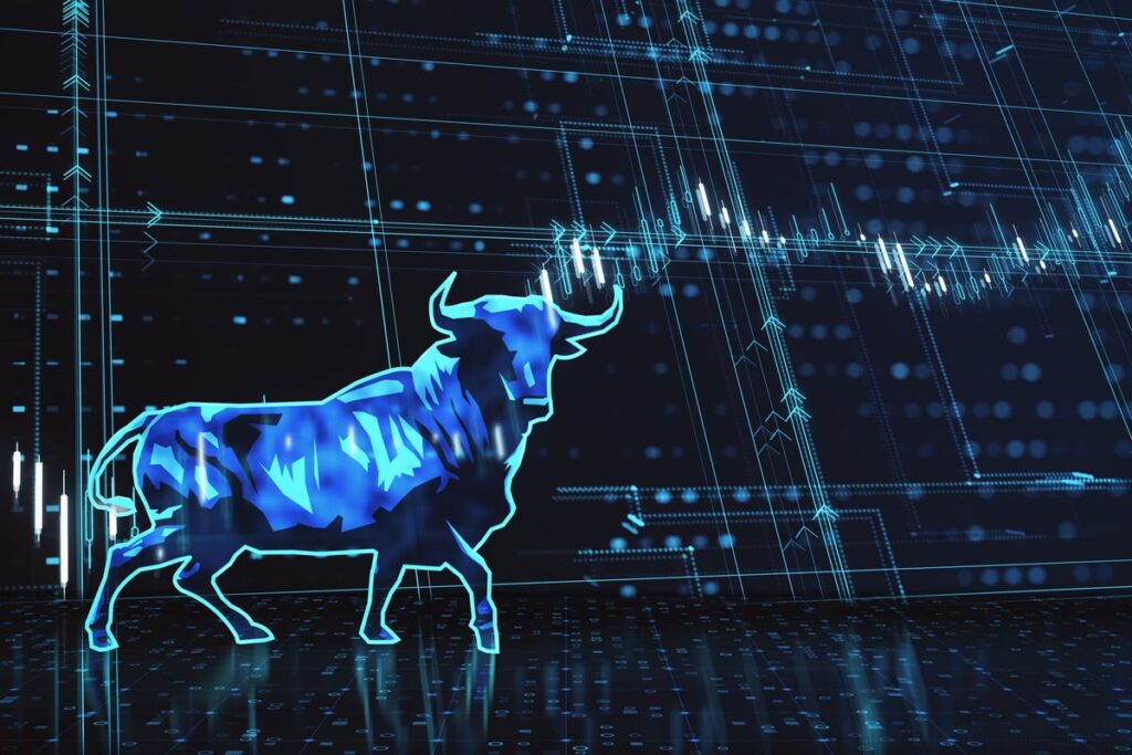 Cartoon bull with a rising stock chart in the background.