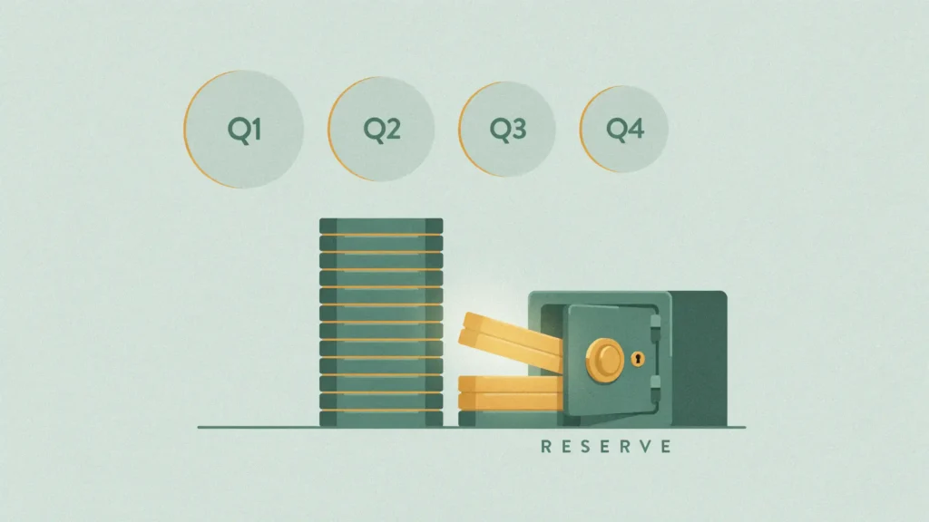 A tall coin stack with one wedge sliced away into a vault block, four calendar markers arcing behind for quarterly dates.