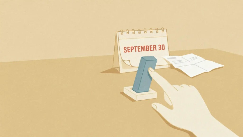 A hand flips a blue switch in front of a desk calendar page reading September 30, a folded statement beside it.