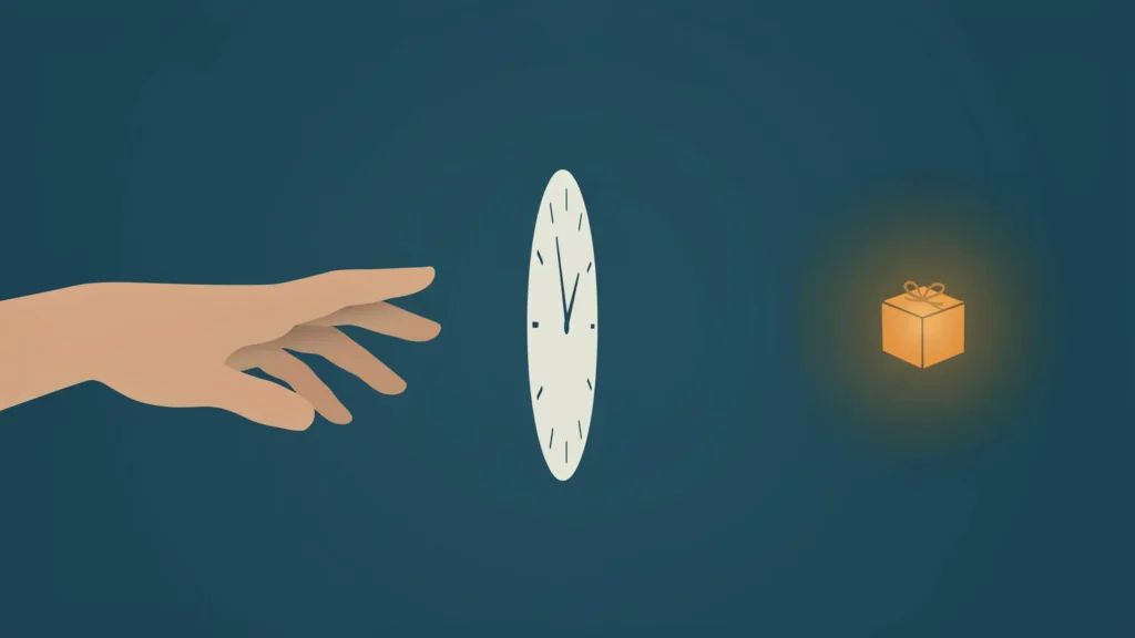 A hand reaches past a tall pale clock toward a small glowing shopping box floating out of reach in teal space.