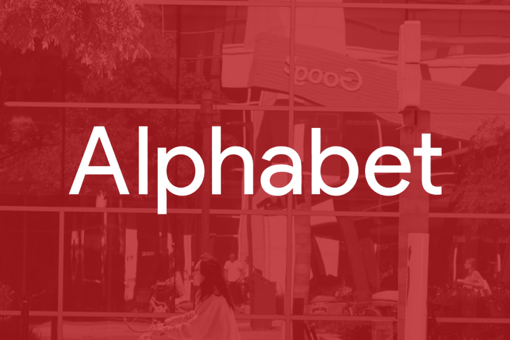 Alphabet's logo overlaid on red background.