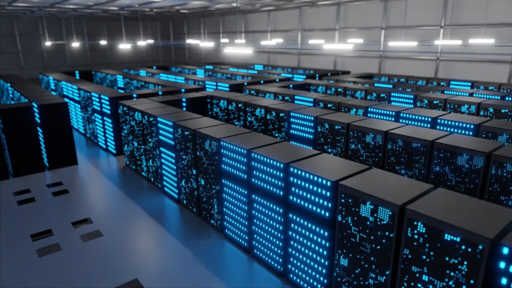 Racks of GPUs inside a data center.