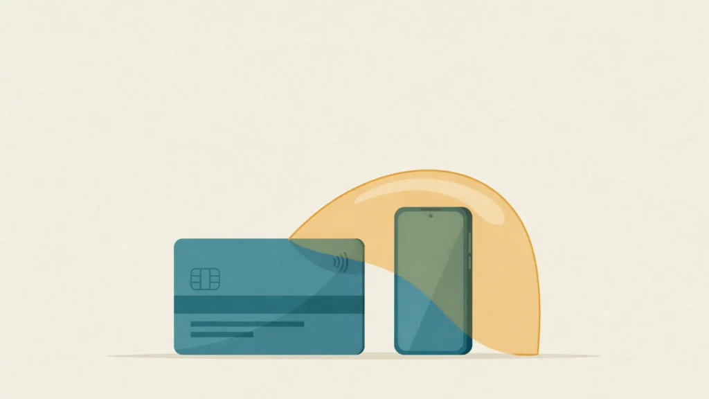 A credit card shields a shiny new smartphone beneath a glowing dome of purchase protection.