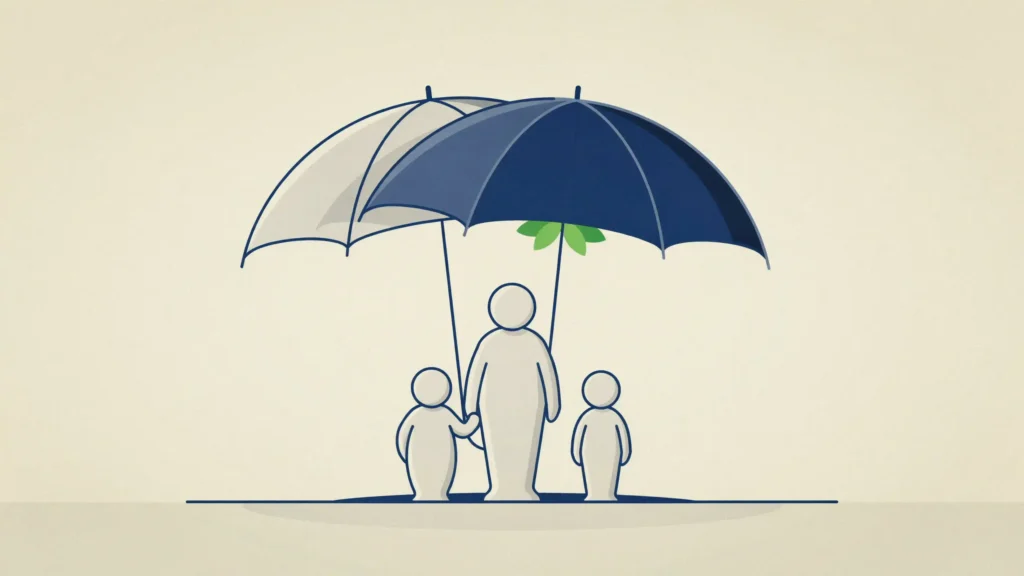 A small umbrella and a larger one overlap to shield a family of three beneath a canopy, a life insurance metaphor.