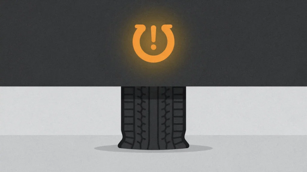 An amber tire pressure warning lamp glows above a black tire bulging low at its base on a pale grey floor.