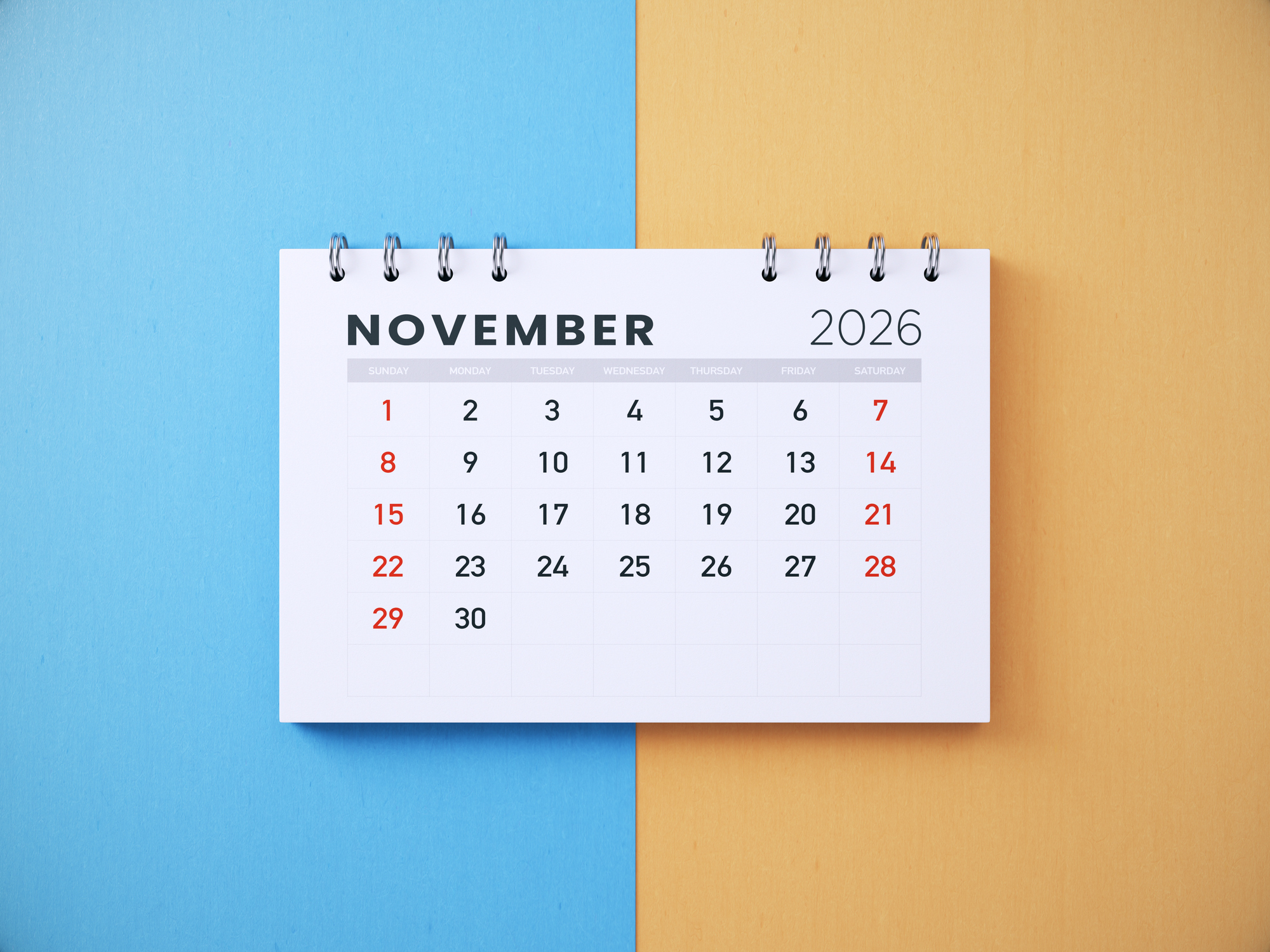 2026 November Calendar on Blue - Orange Background