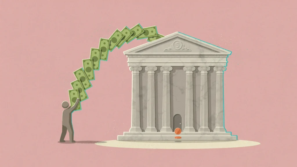 A figure sends an arc of green banknotes into the roof of a columned government building as one coin rolls out its door.