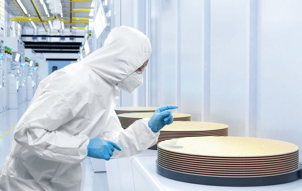 An engineer in a cleanroom suit inspects stacks of silicon wafers.