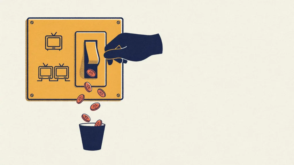 A hand flips a wall switch beside a one-TV icon and a two-TV icon as copper coins drop into a small cup.