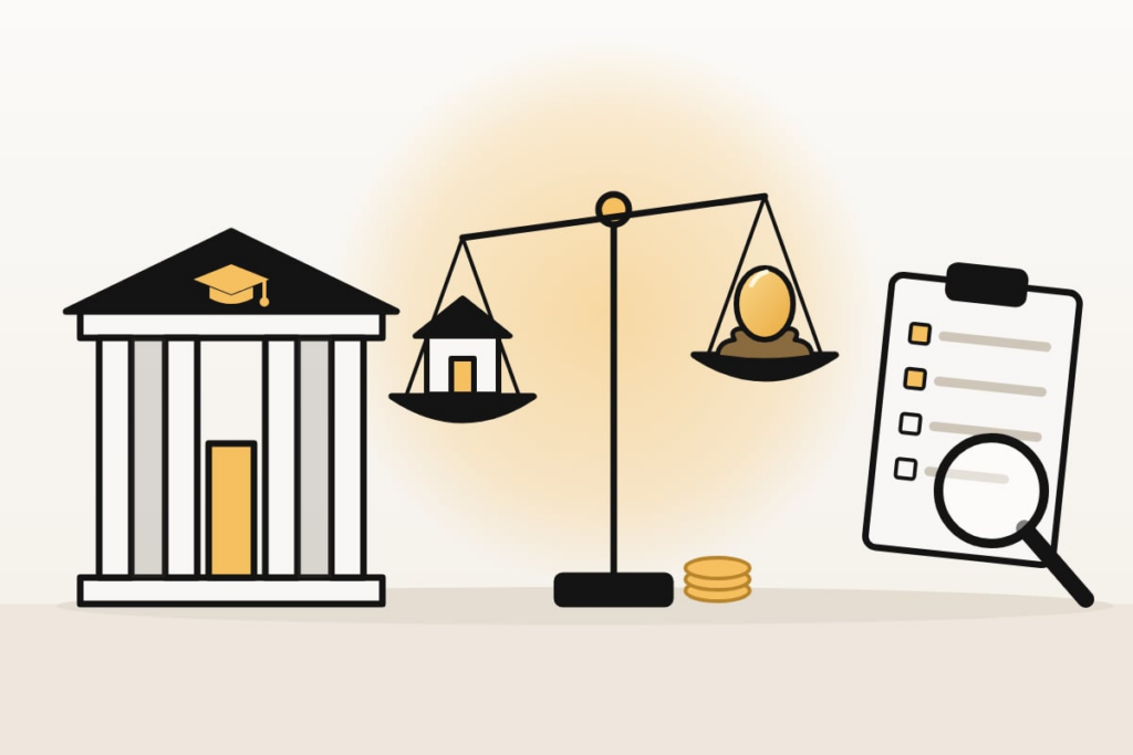 Illustration of a balance scale weighing a house against a golden retirement nest egg, between a college building and a CSS Profile financial aid form under a magnifying glass.