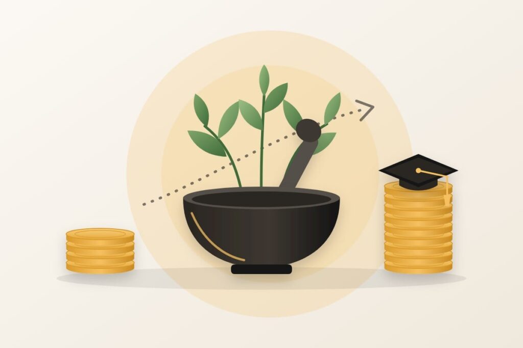 Illustration of a mortar and pestle with green herbs between a short and a tall stack of gold coins, with a graduation cap on the taller stack