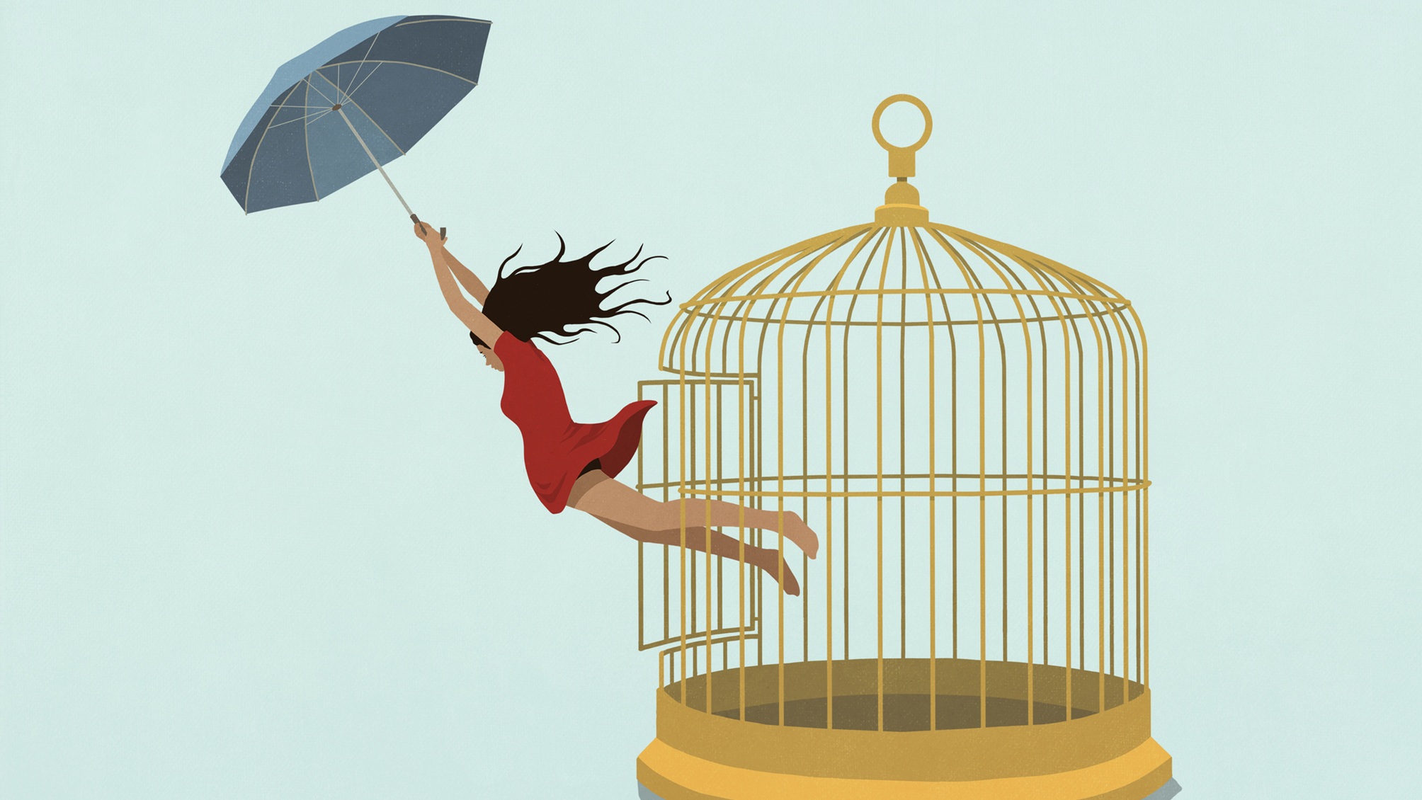 Illustration of a woman holding an umbrella and flying out of a cage.