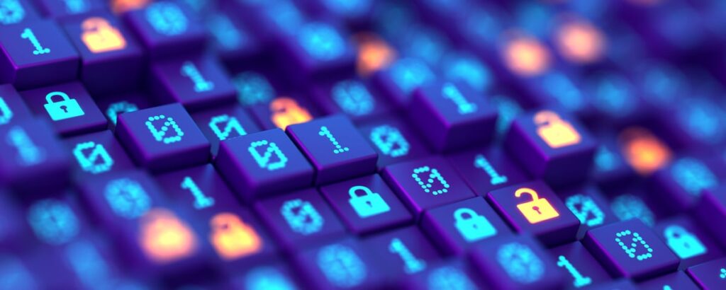 Glowing padlocks and binary digits on purple cubes.