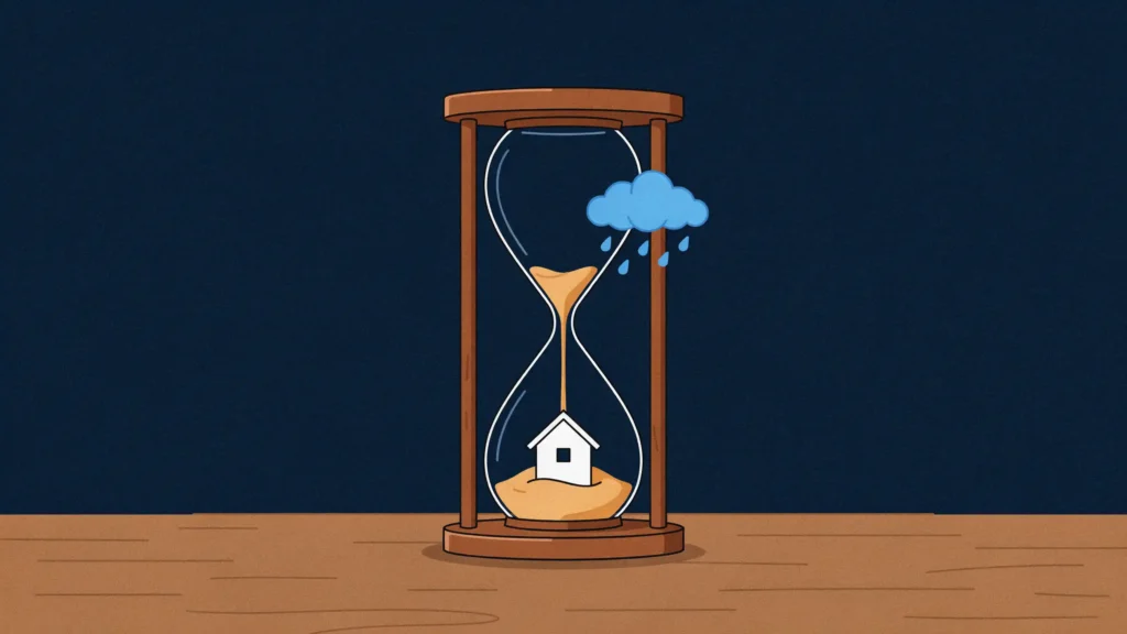 A tiny house sits on sand inside an hourglass as the sand runs down and a rain cloud gathers beside the glass.