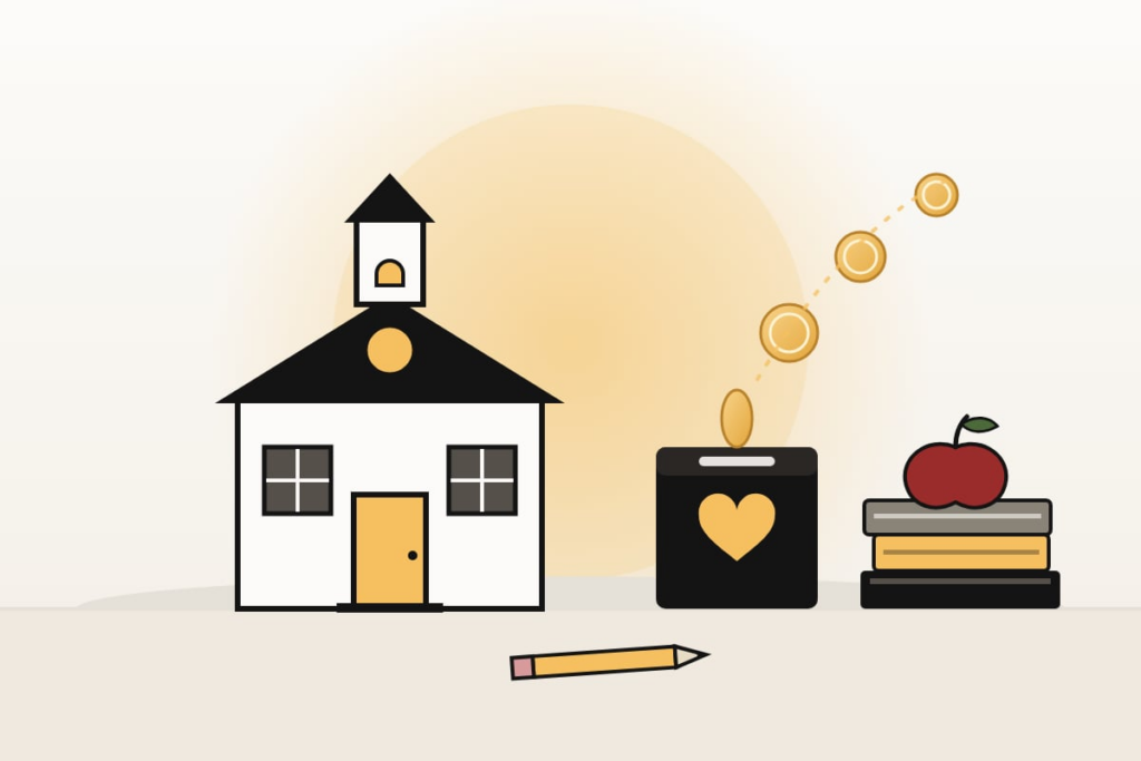 An image of a schoolhouse next to a donation box featuring a heart and a stack of books representing the Education Freedom Tax Credit