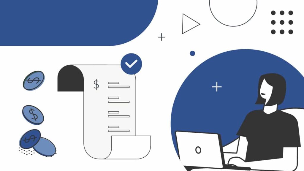 Illustration of a woman at a laptop beside an approved itemized statement and coins, representing TEACH Grant service certification