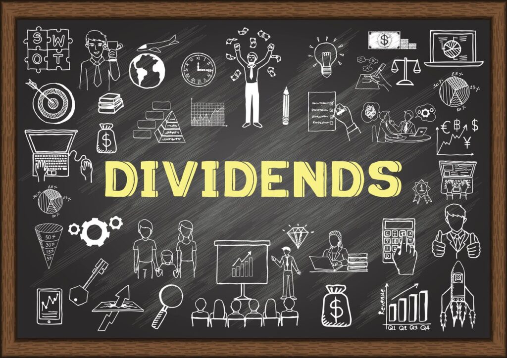 On an illustrated blackboard, the word "Dividends" is written in all caps in yellow chalk. Surrounding it, in white chalk, are clip-art-style doodles related to dividends and investing.