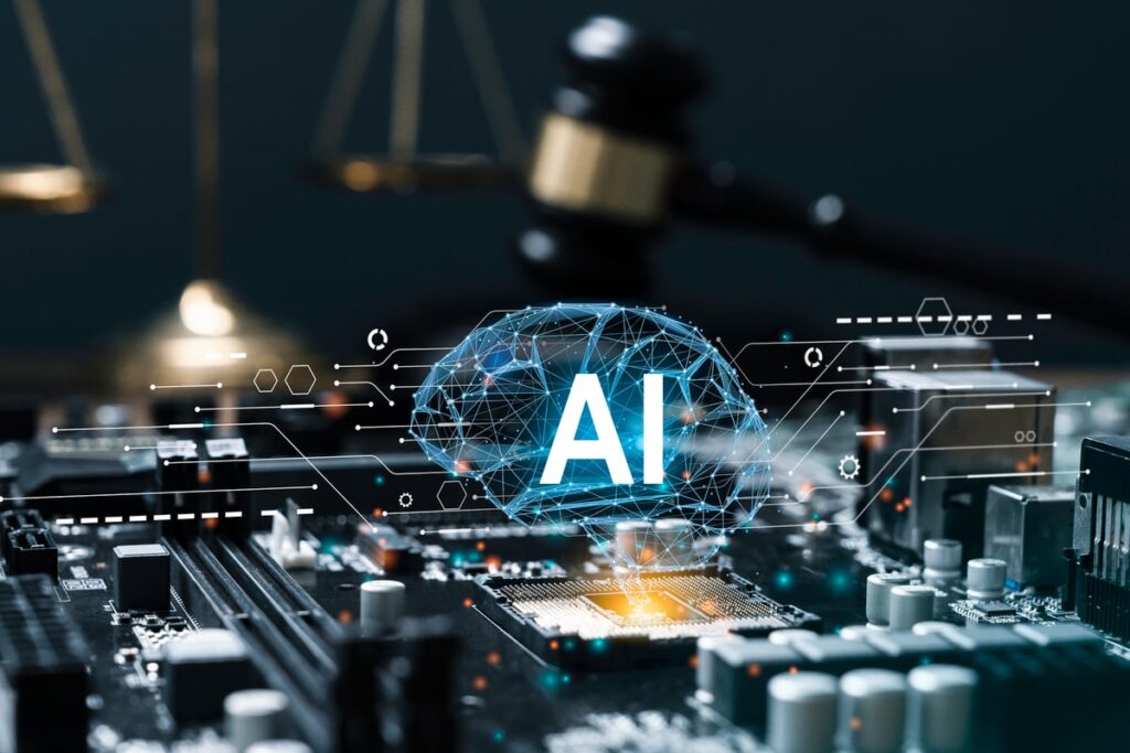 A computer chip with a digital brain overlayed on top of it with the words AI on top.