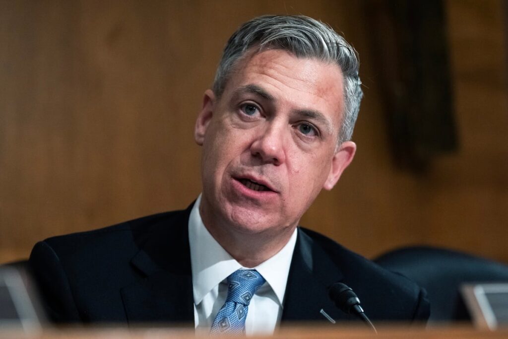 Sen. Jim Banks, R-Ind., questions Kevin Warsh, nominee to chairman of the Federal Reserve, during Warsh’s Senate Banking, Housing and Urban Affairs Committee confirmation hearing in Dirksen building on Tuesday, April 21, 2026. (Tom Williams/CQ Roll Call/Sipa USA)