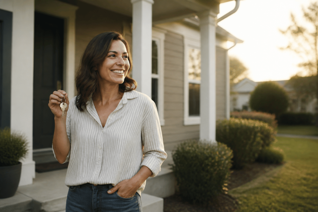 Smiling woman holding a set of keys outside a suburban home at sunset, representing homeownership after student loan forgiveness.