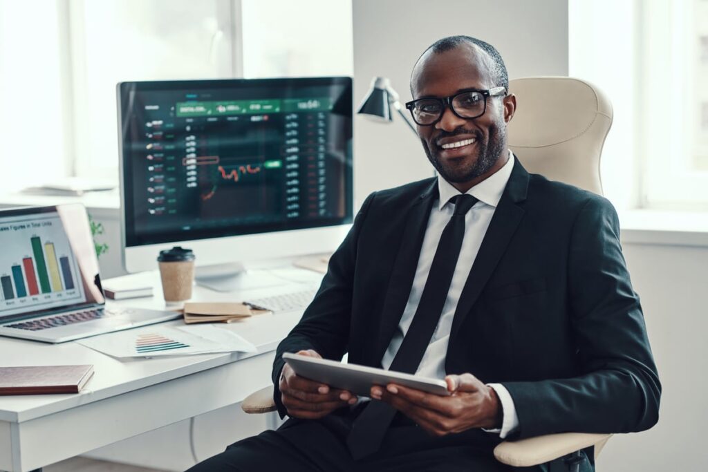 An investor at a desk.