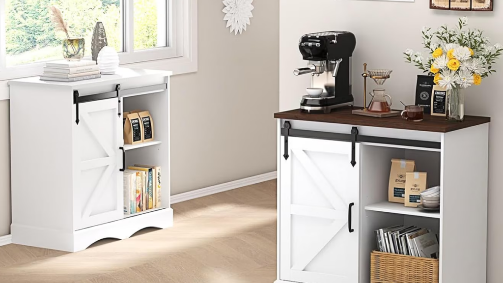 Walmart's $60 farmhouse cabinet has 4 compartments and a sliding barn door