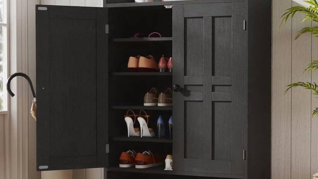 Walmart's farmhouse shoe cabinet can hold 24 shoes, has 5 adjustable shelves, and is 48% off