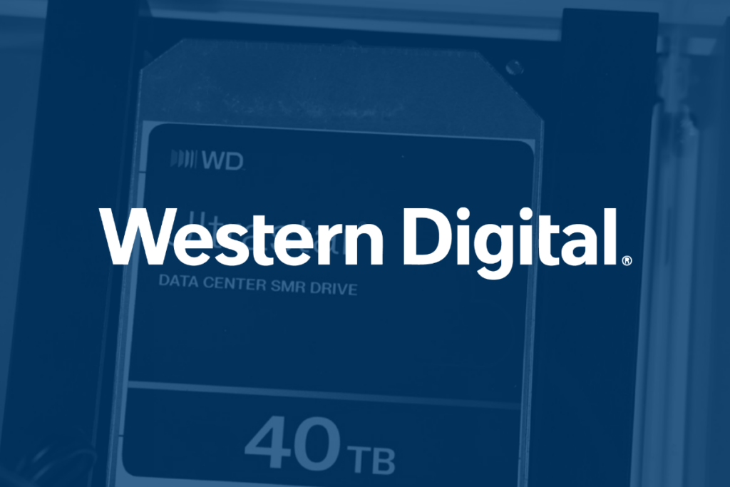 The Western Digital logo over a close-up of a 40 TB data center hard drive.